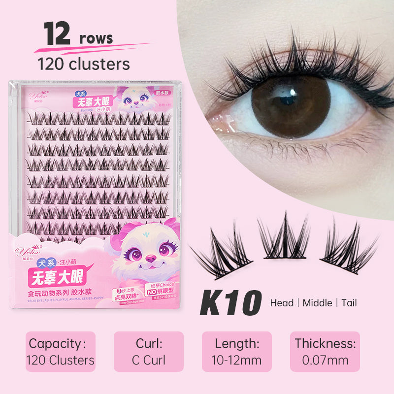 Yelix 12 Rows Large Capacity Lively Puppy Series Eye Eyelashes DIY Cluster Lashes Enlarge Eyes  Handmade Adhesive Eyelash Beauty Daily Makeup