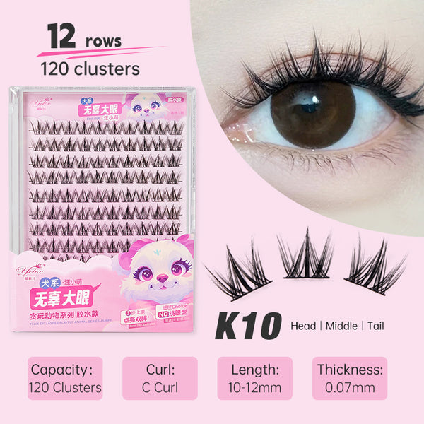 Yelix 12 Rows Large Capacity Lively Puppy Series Eye Eyelashes DIY Cluster Lashes Enlarge Eyes  Handmade Adhesive Eyelash Beauty Daily Makeup