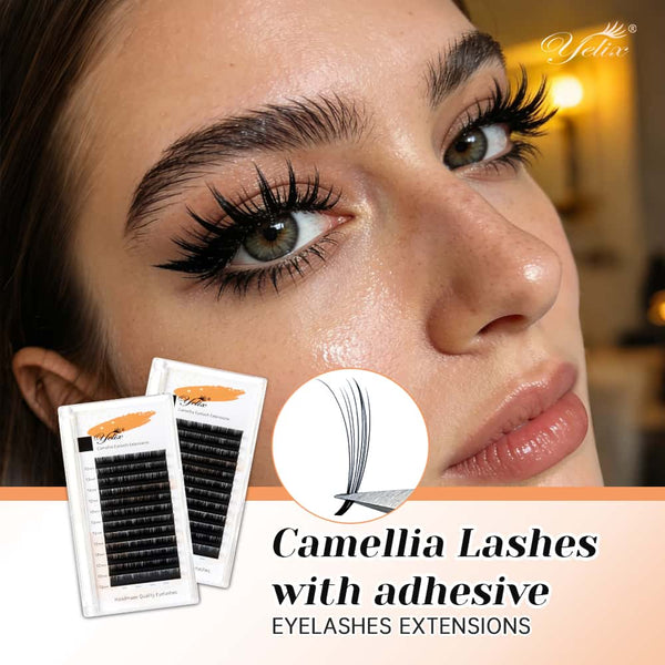 Yelix 0.10 LJ/LB/LC Camellia Lashes WIth Adhesive Wet Lashes Natural Eyelash Extensions 3 Multiple Lengths in One Row