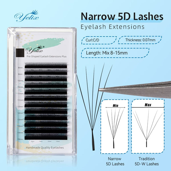 Yelix NEW Smaller Spacing 5D w Lashes 0.07 C/D Curl 8-15mm Mix Volume Self Fanning Lash Extensions