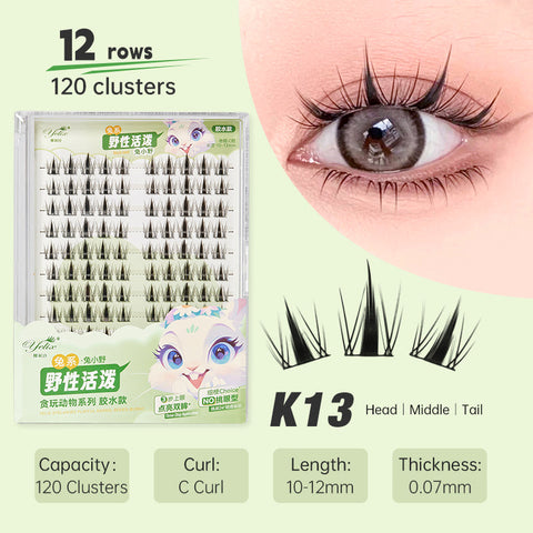 Yelix Playful Animal Series Eye Eyelashes DIY Cluster Lashes Lively Rabbit Enlarge lashes Handmade Adhesive Eyelash Makeup Tool Large Capacity 12 Rows yelixlash