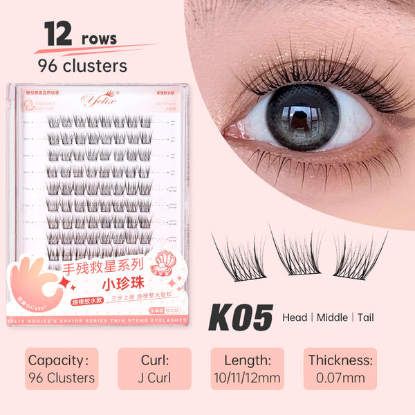 Yelix Fine Stem Adhesive Style Small Pearl False Eyelashes Extension DIY Cluster Lashes Light Without Burden Nature Lashes