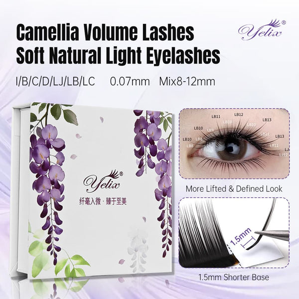 Yelix Camellia Manhua Lash with Adhesive Chinese style Packaging 0.07, I/B/C/D/LJ/LB/LC, mix 8-12mm