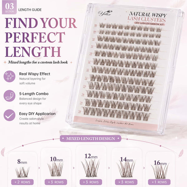 Yelix 2026 NEW Brown Natural Wispy Lash Cluster Soft Lash Set DIY Lash Extension Kit（C, Mix 8-16mm)