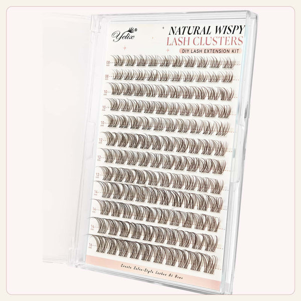 Yelix 2026 NEW Brown Natural Wispy Lash Cluster Soft Lash Set DIY Lash Extension Kit（C, Mix 8-16mm)