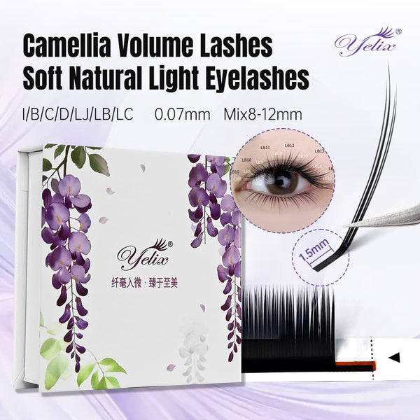 Yelix Camellia Manhua Lash with Adhesive Chinese style Packaging 0.07, I/B/C/D/LJ/LB/LC, mix 8-12mm