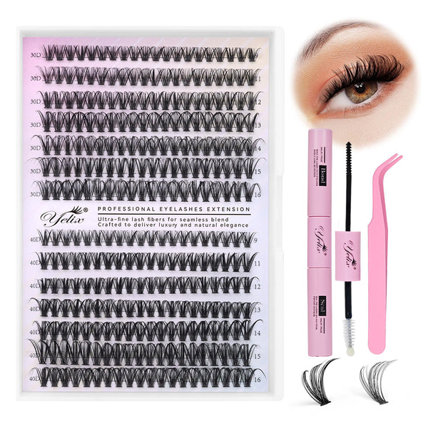 Yelix New Lash Clusters Kit Wispy Eyelash Clusters Lashes Natural 30D/40D/30D+40D DIY Lash Extension Kit 9-16mm 280pcs Cluster Eyelash  (With Tweezers+Bond seal)