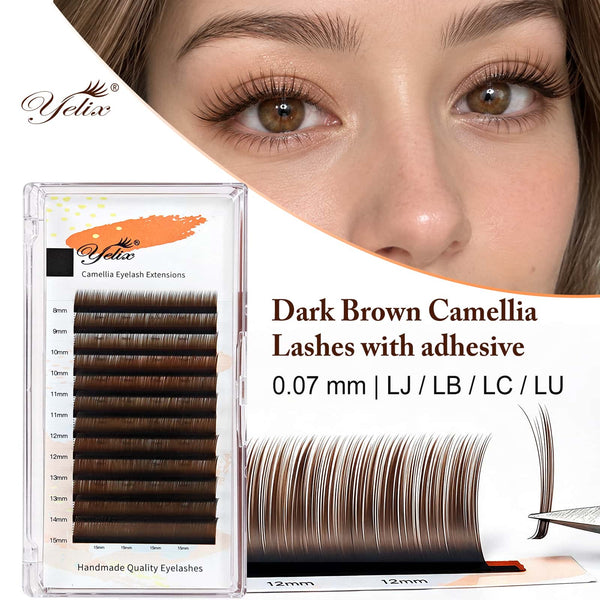 Yelix 0.07 LJ/LB/LC/LU Dark Brown Camellia Lashes WIth Adhesive Wet Lashes Natural Eyelash Extensions