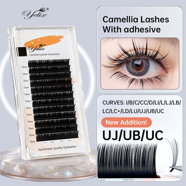 Yelix 0.10 LJ/LB/LC Camellia Lashes WIth Adhesive Wet Lashes Natural Eyelash Extensions 3 Multiple Lengths in One Row