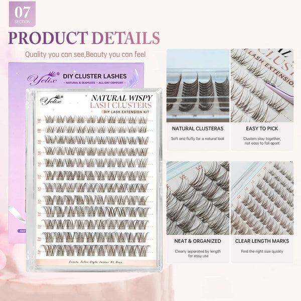 Yelix 2026 NEW Brown Natural Wispy Lash Cluster Soft Lash Set DIY Lash Extension Kit（C, Mix 8-16mm)