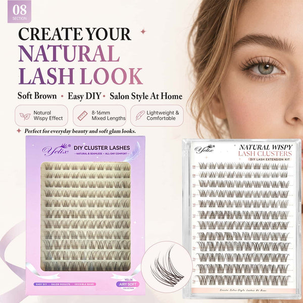 Yelix 2026 NEW Brown Natural Wispy Lash Cluster Soft Lash Set DIY Lash Extension Kit（C, Mix 8-16mm)
