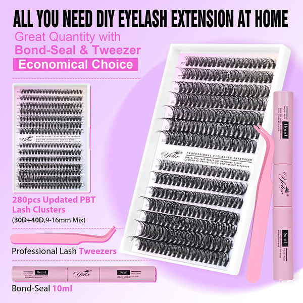 Yelix New Lash Clusters Kit Wispy Eyelash Clusters Lashes Natural 30D/40D/30D+40D DIY Lash Extension Kit 9-16mm 280pcs Cluster Eyelash  (With Tweezers+Bond seal)