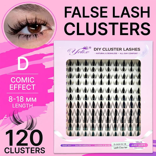 Yelix New Waterproof Anime Lash Cluster Comic Manga Lashes Stable D Curl – DIY Salon-Grade Eyelashes (MIX 8-18mm)