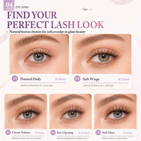 Yelix 2026 NEW Brown Natural Wispy Lash Cluster Soft Lash Set DIY Lash Extension Kit（C, Mix 8-16mm)