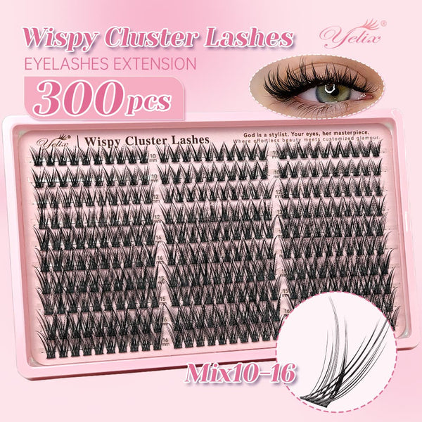 Yelix DIY Mega Volume: NEW 300pcs Wispy Cluster Kit for Salon Cat Eyes at Home (C 10-16mm)