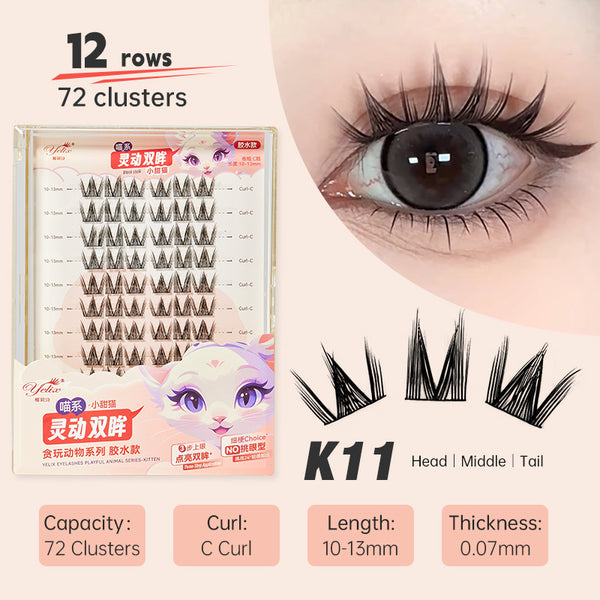 Yelix 12 Rows DIY Cluster Lashes Hight Quality Dewy Puppy Eyes Lashe Natural Manga Lashes Extension Enlarge Puppy Lively Lashes Novice Essential Adhesive Lashes Eyelash Wholesale