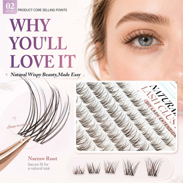 Yelix 2026 NEW Brown Natural Wispy Lash Cluster Soft Lash Set DIY Lash Extension Kit（C, Mix 8-16mm)