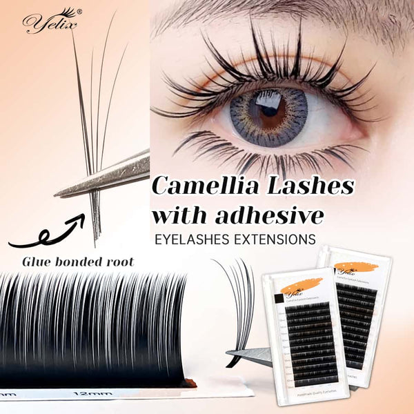 Yelix 0.10 LJ/LB/LC Camellia Lashes WIth Adhesive Wet Lashes Natural Eyelash Extensions 3 Multiple Lengths in One Row