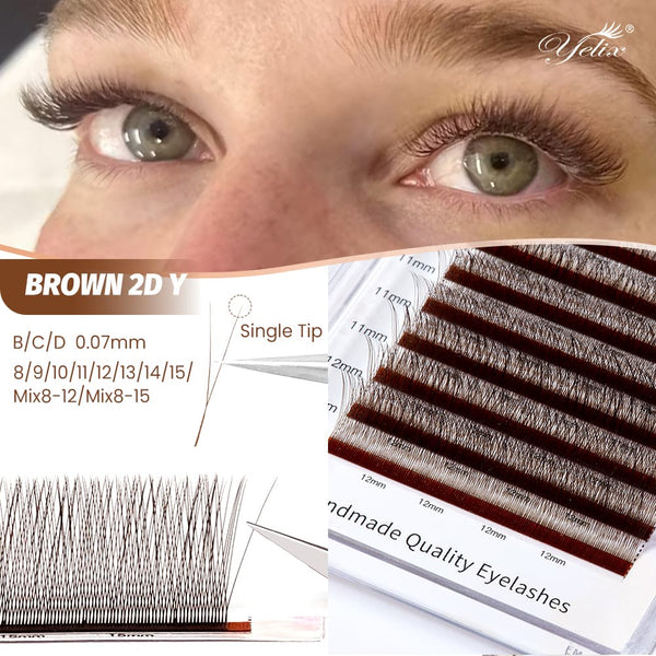 Yelix 2D Y Lashes Extensions 0.07 B/C/D Black Brown Premade Fans Eyelashes Natural Eyelash Light Volume Fans