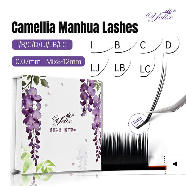 Yelix Camellia Manhua Lash with Adhesive Chinese style Packaging 0.07, I/B/C/D/LJ/LB/LC, mix 8-12mm