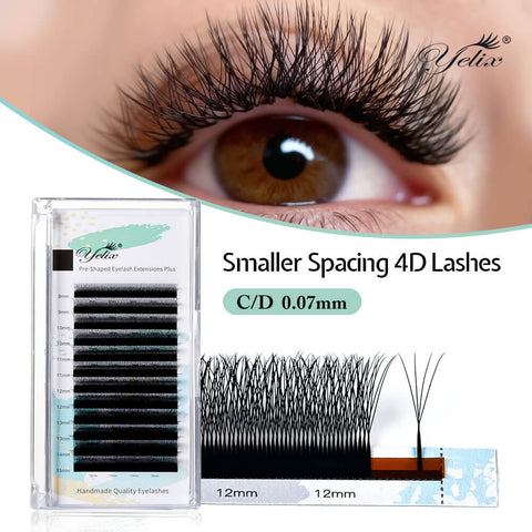 Yelix Smaller Spacing 4D w Lashes 0.07 C/D Curl 8-15mm Mix Volume Self Fanning Lash Extensions